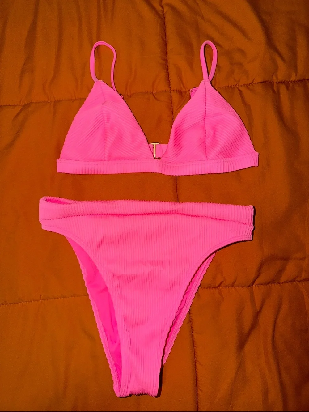 Hollister Hot Pink Ribbed Triangle Bikini Set